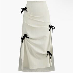 Commense Cotton & Linen Bow Decor Spilt Midi Skirt